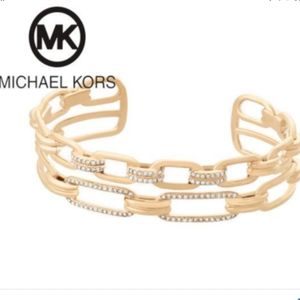 Michael Kors Cuff Bracelet Fixed Double Chain Links Gold Tone Pave Crystals NWT